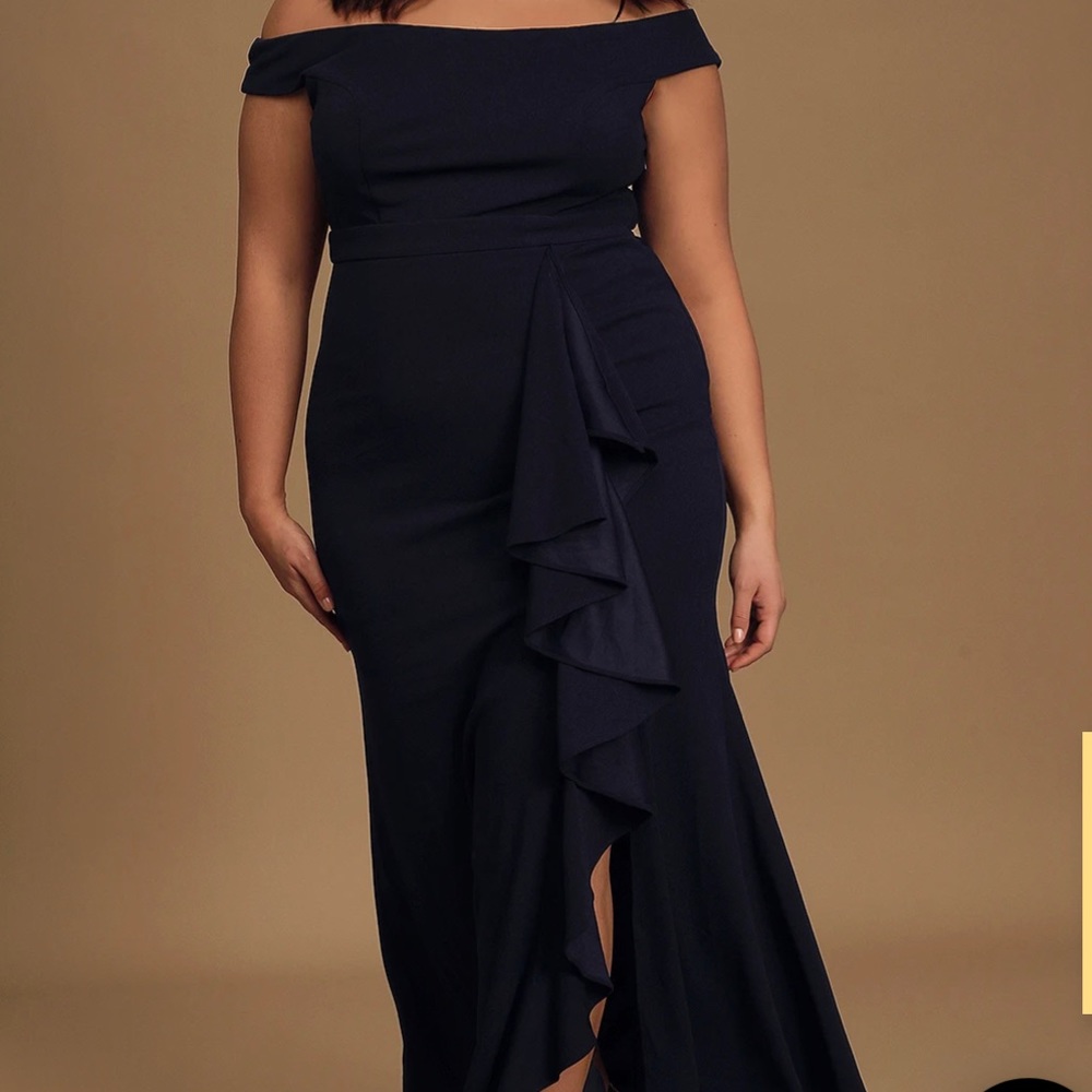 Lulus Mila Navy Blue Ruffled Off-the-Shoulder Maxi